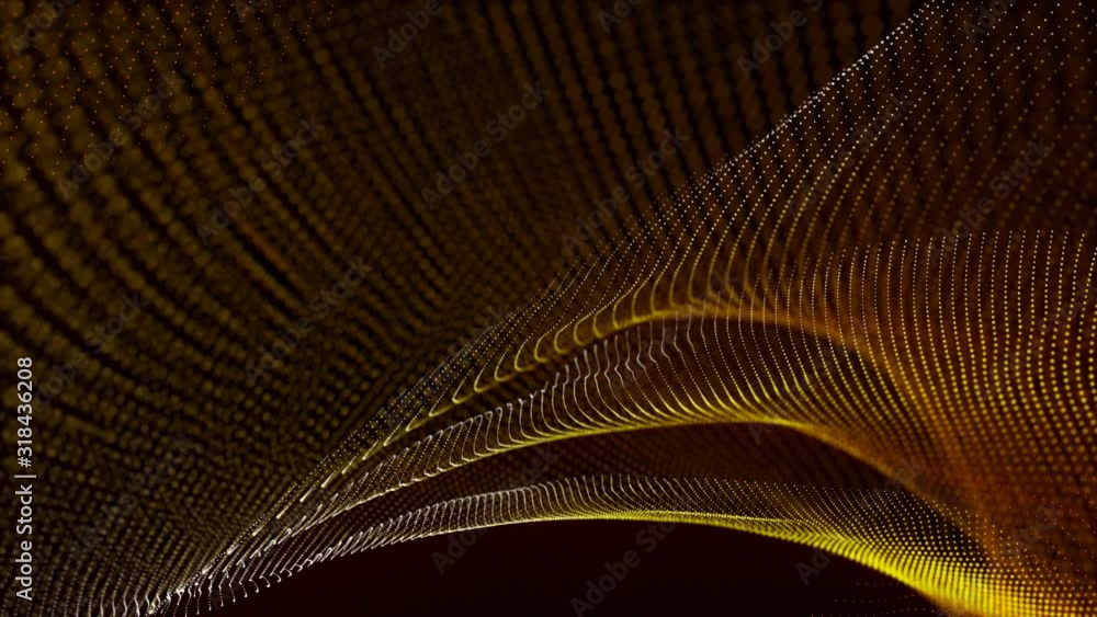 Poster yellow-orange particles move slowly on a black background. animated abstraction screensaver. 3d rend