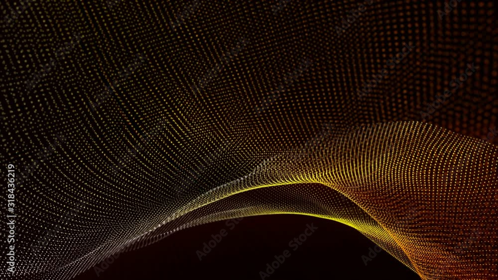 Poster yellow-orange particles move slowly on a black background. animated abstraction screensaver. 3d rend