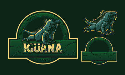 Iguana mascot logo design with stone crack frame isolated on dark green background
