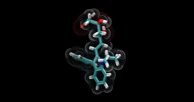 Fluvastatin, HMG-CoA reductase inhibitor, plasma cholesterol level reduction, heart disease drug, 3D molecule spinning on Y axis