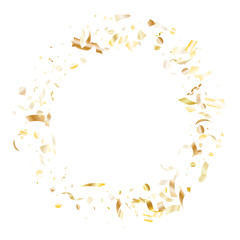 Holiday realistic gold confetti flying on black background.