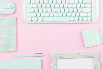 flat lay stationery collocate on work desk in pastel colorful background