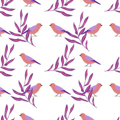 Seamless pattern with fantastic tropical plants and birds, flat style, vector illustration