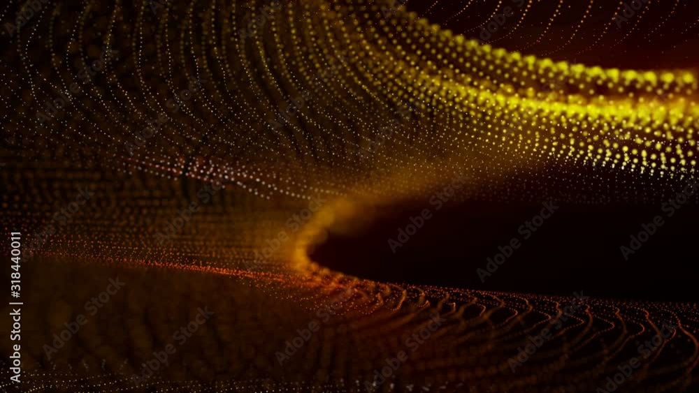 Poster yellow-orange particles move slowly on a black background. animated abstraction screensaver. 3d rend