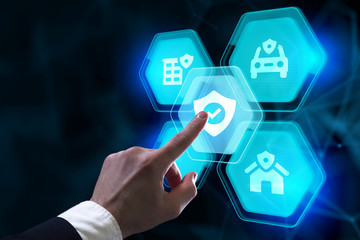 Insurance concept.  Client click on insure button. Insurance icons: car, travel, family and life insurance, financial and health.