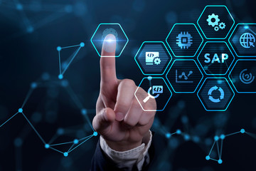 SAP System Software Automation concept on virtual screen data center. Business, modern technology, internet and networking concept.