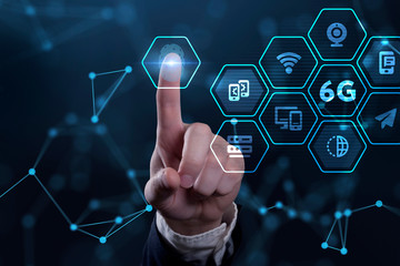 The concept of 6G network, high-speed mobile Internet, new generation networks. Business, modern technology, internet and networking concept.