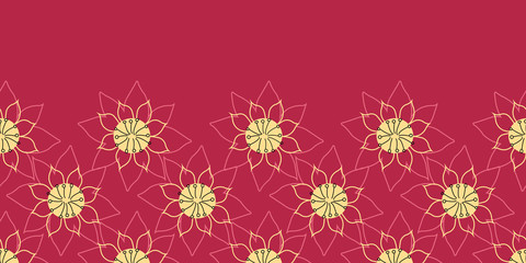 Floral Lotus Border Lily flower on red background seamless vector repeat doodle