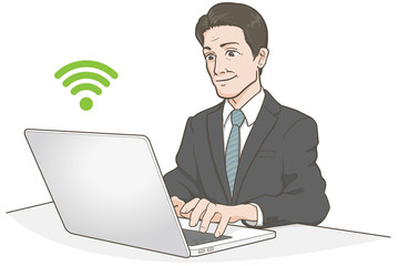 パソコンで仕事をするビジネスマン無線LAN・中高年