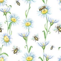 Fototapeta premium Watercolor seamless pattern with bees and daisies flowers.