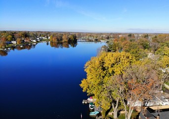 The aerial view of the waterfront homes by Oneida Lake near Syracuse, New York, U.S.A