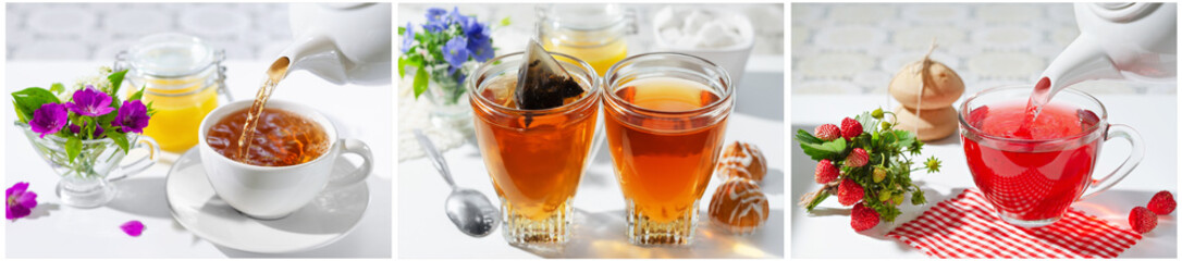 A Cup of hot tea with berries and honey . The process of brewing and pouring tea.