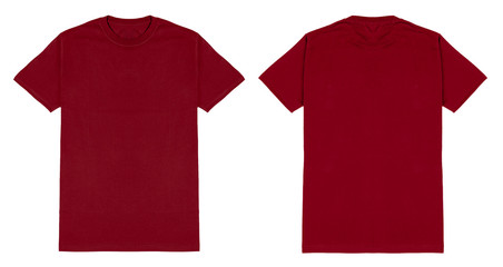Red maroon t shirt front and back view, isolated on white background. Ready for your mock up design template.