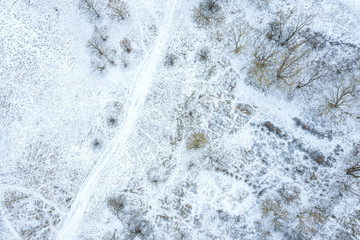 aerial top down view of city park, covered with first snow. winter natural landscape