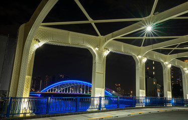 東京日本橋川に架かる豊海橋の夜の景色