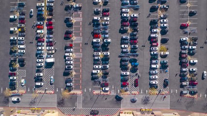 Aerial timelapse of a busy, crowded supermarket parking lot in daytime USA 