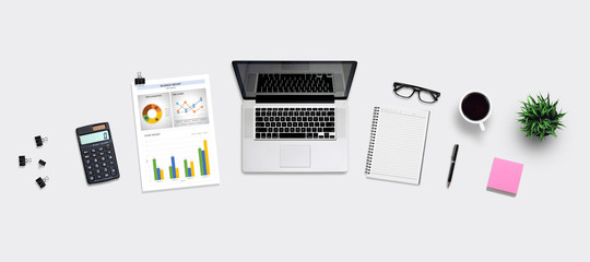 Top view office desk and supplies, with copy space. Creative flat lay photo of workspace...