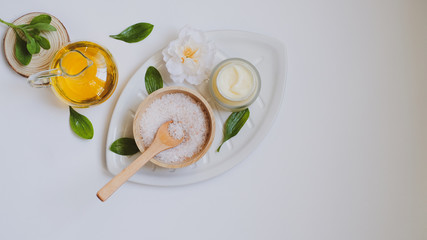 spa and skin care product with luxury natural ingredient . Himalaya pink salt and natural massage essential oil.