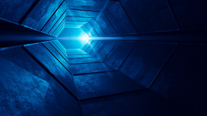 3d rendering of realistic scifi dark corridor with blue light. Futuristic tunnel with grunge metal walls. Cyberpunk tunnel. Interior view.  Empty corridor in a spaceship. 3D Illustration