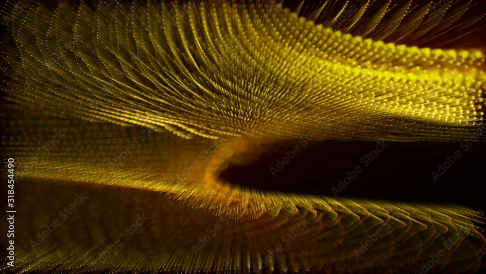 Poster yellow-orange particles move slowly on a black background. animated abstraction screensaver. 3d rend
