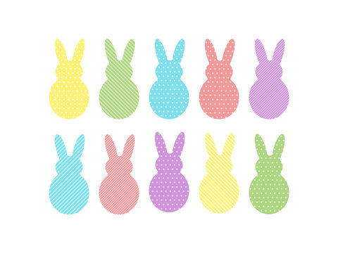Decorative color bunnies with pattern isolated on white background. Set of easter silhouettes for design of card, banner, logo, flayer, label, icon, badge, sticker. Vector illustration EPS10.