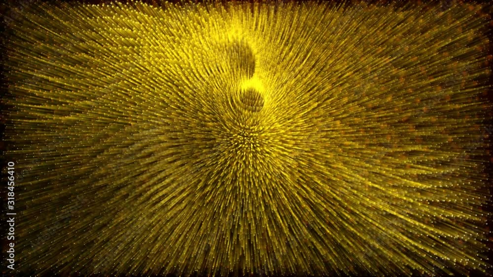 Poster yellow-orange particles move slowly on a black background. animated abstraction screensaver. 3d rend