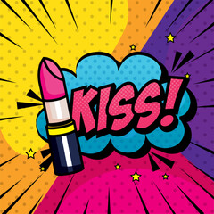 lipstick and cloud with kiss lettering pop art style design © Gstudio