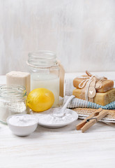 Eco friendly products for home cleaning. DIY ingredients - lemon, soap, baking and washing soda, vinegar. Natural domestic cleaning. simple recipes homemade. zero waste detergent