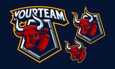 Fototapeta na wymiar Bull mascot logo design for sport/ e-sport logo with shield isolated on navy blue background