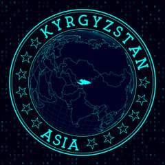 Kyrgyzstan round sign. Futuristic satelite view of the world centered to Kyrgyzstan. Country badge with map, round text and binary background. Stylish vector illustration.
