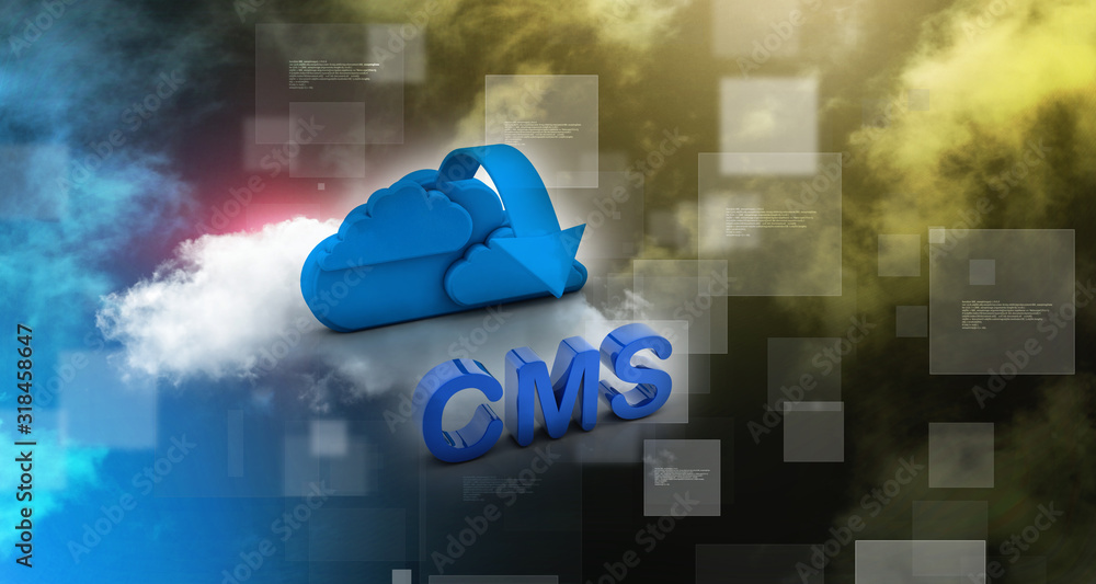 Poster 3d rendering cms cloud with laptop