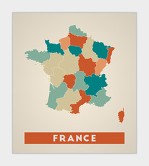France poster. Map of the country with colorful regions. Shape of France with country name. Neat vector illustration.