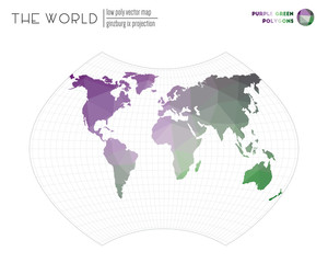 Abstract world map. Ginzburg IX projection of the world. Purple Green colored polygons. Neat vector illustration.