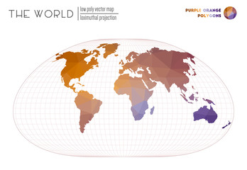 World map in polygonal style. Loximuthal projection of the world. Purple Orange colored polygons. Creative vector illustration.
