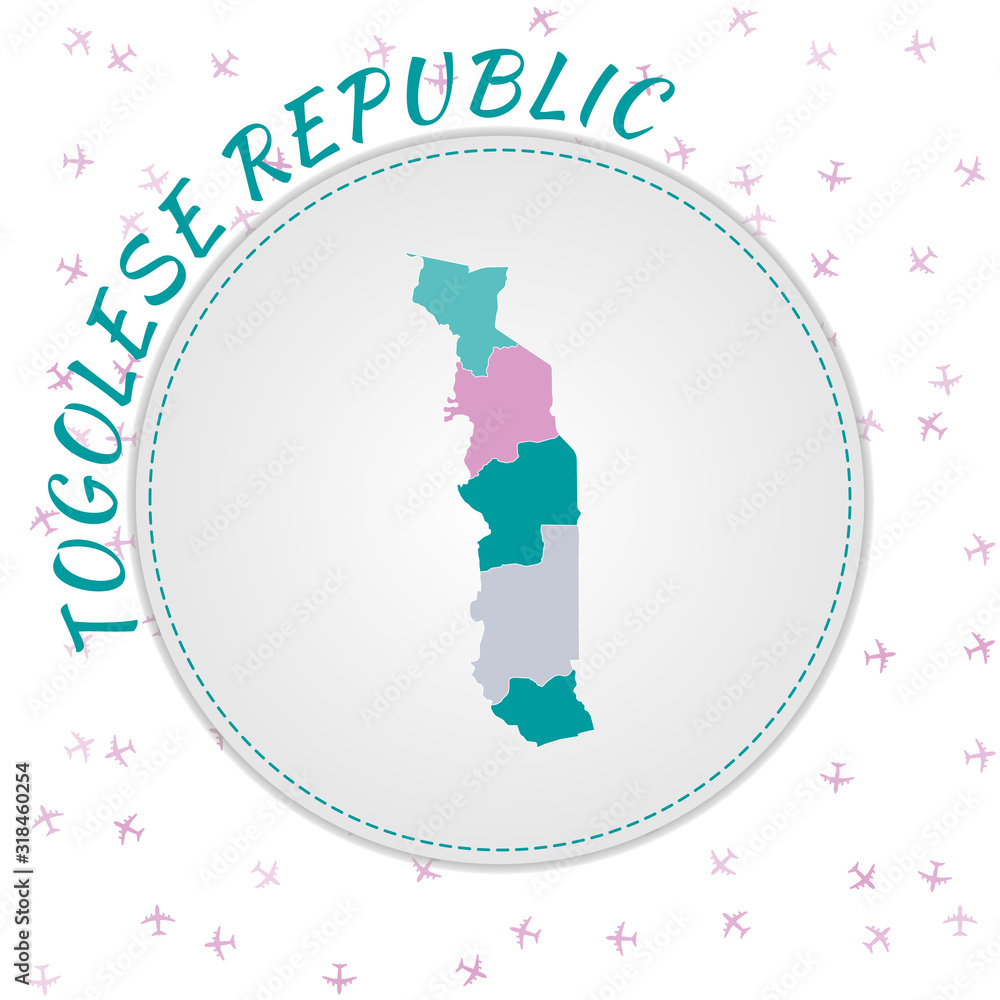 Poster togo map design. map of the country with regions in emerald-amethyst color palette. rounded travel t