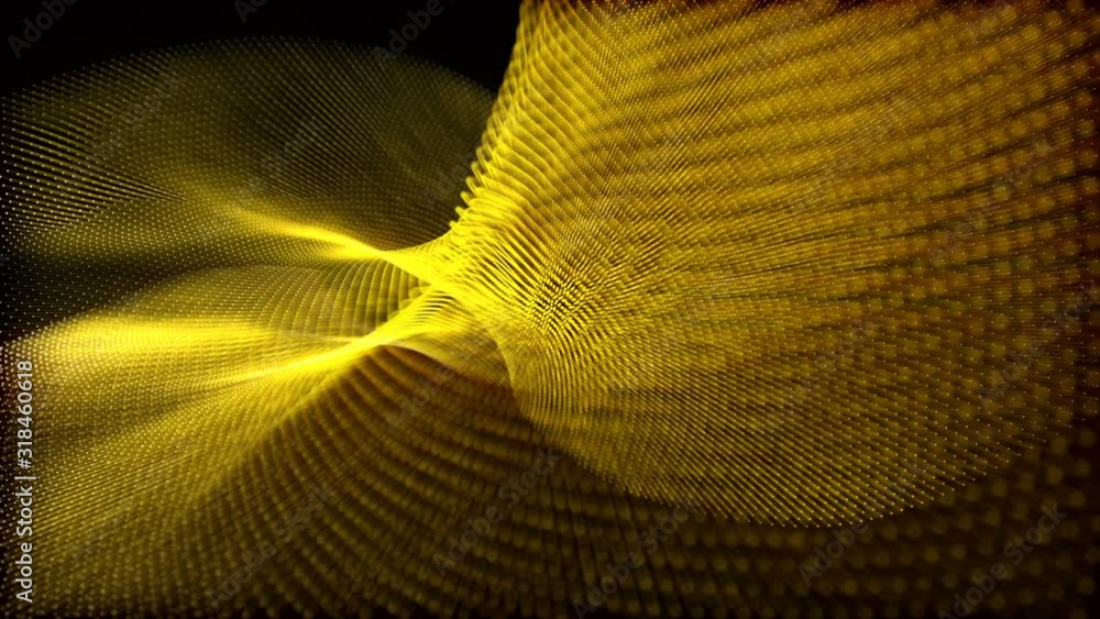 Poster yellow-orange particles move slowly on a black background. animated abstraction screensaver. 3d rend