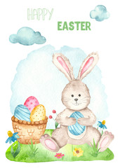 Watercolor Easter card with cute rabbit, eggs, flowers in the meadow