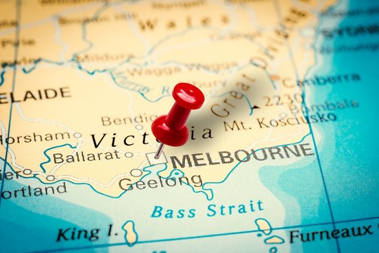 Pushpin pointing at Melbourne city in Australia