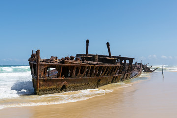 Shipwreck of SS Maheno, an ocean liner from New Zealand which ran aground on Seventy-Five Mile...