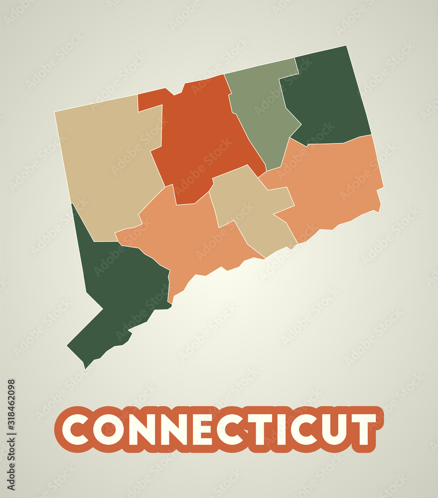 Poster connecticut poster in retro style. map of the us state with regions in autumn color palette. shape o