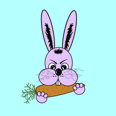 Vector illustration of a rabbit with a carrot. Angry rabbit. 