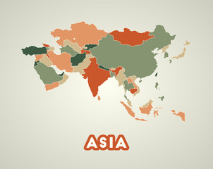 Asia poster in retro style. Map of the continent with regions in autumn color palette. Shape of Asia with continent name. Appealing vector illustration.