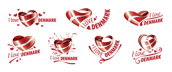 National flag of the Denmark in the shape of a heart and the inscription I love Denmark. Vector illustration