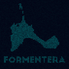 Fototapeta na wymiar Formentera tech map. Island symbol in digital style. Cyber map of Formentera with island name. Radiant vector illustration.