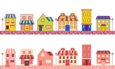 Set of two illustrations of a cityscape with houses and shops