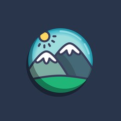 Mountain landscape flat icon. Round colorful button, Snowy mountains peak and sun circular vector sign. Flat style design