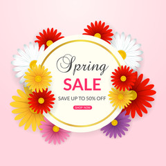 Spring sale background with beautiful colorful flowers