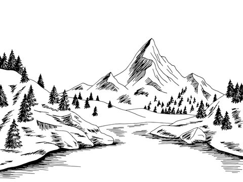 Mountain river graphic black white landscape sketch illustration vector