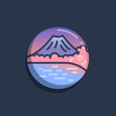 Island with mountain and lake flat icon. Round colorful button, Volcano mountain landscape circular vector sign. Flat style design
