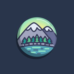 Snowy mountains and trees flat icon. Round colorful button, Mountain landscape with forest trees circular vector sign. Flat style design